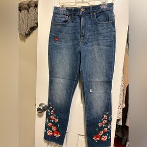 Madewell blue/red floral embroidered jeans with a flattering fit and a high rise